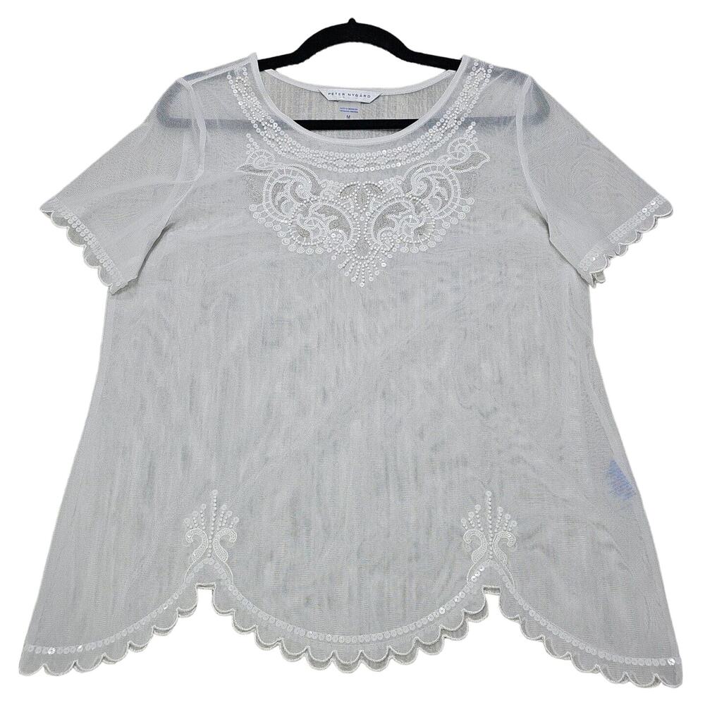 Peter Nygard Sheer White Embroidered Blouse
